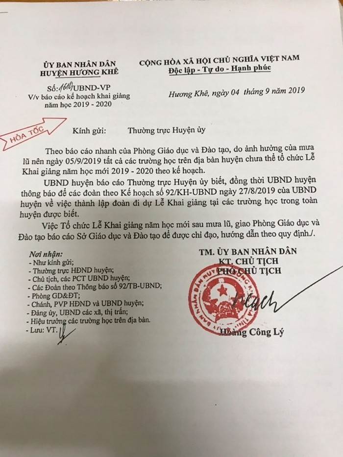Ủy ban Nhân dân huyện Hương Khê giao Phòng Giáo dục và Đào tạo báo cáo Sở Giáo dục và Đào tạo Hà Tĩnh về kế hoạch khai giảng