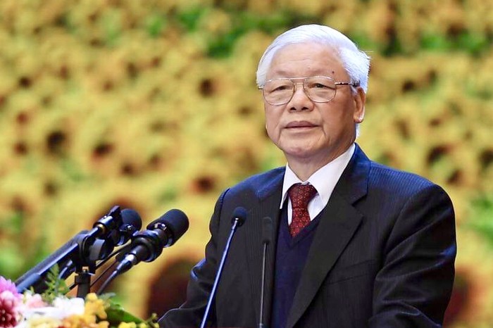 Tổng Bí thư, Chủ tịch nước Nguyễn Phú Trọng trình bày diễn văn tại lễ kỷ niệm. (Ảnh: VGP/Nhật Bắc)
