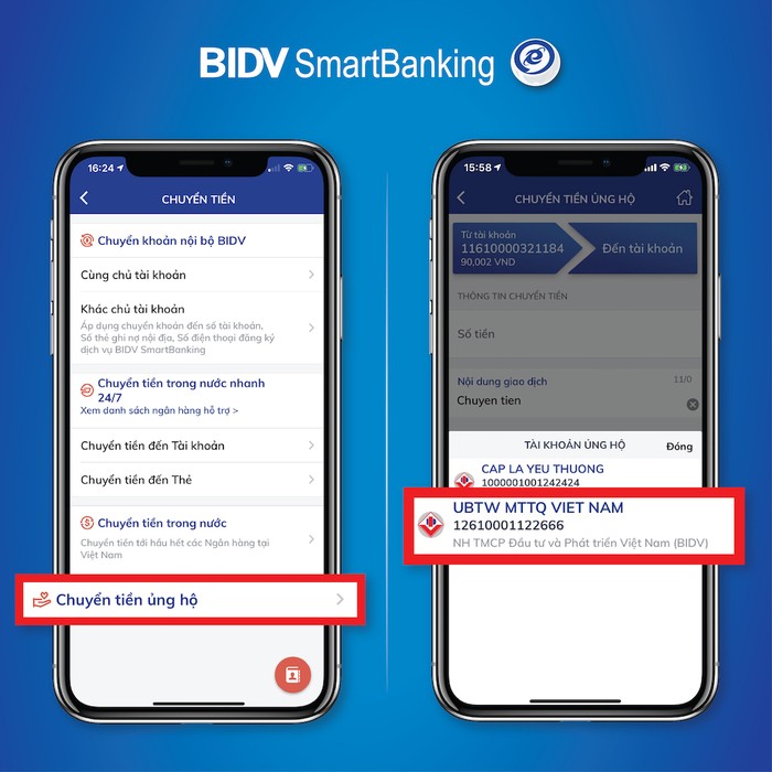 Tài khoản của Uỷ Ban Trung ương Mặt trận Tổ quốc Việt Nam đã được tích hợp sẵn trên ứng dụng BIDV Smartbanking