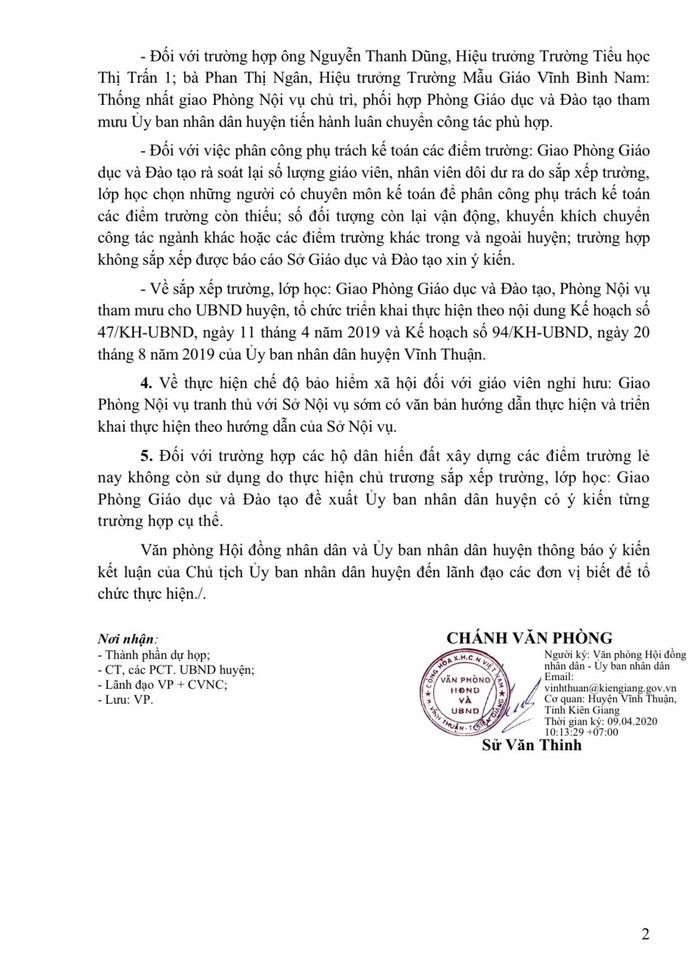 Thông báo số 28 ngày 09/04/2020 về việc truyền đạt ý kiến Kết luận của Chủ tịch Ủy ban Nhân dân huyện Vĩnh Thuận