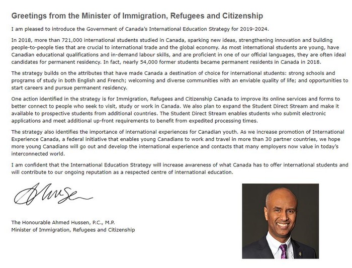 Thông điệp từ Bộ trưởng Bộ Di trú, Người tị nạn và Quyền công dân Canada về Chiến lược giáo dục quốc tế của Chính phủ Canada giai đoạn 2019-2024