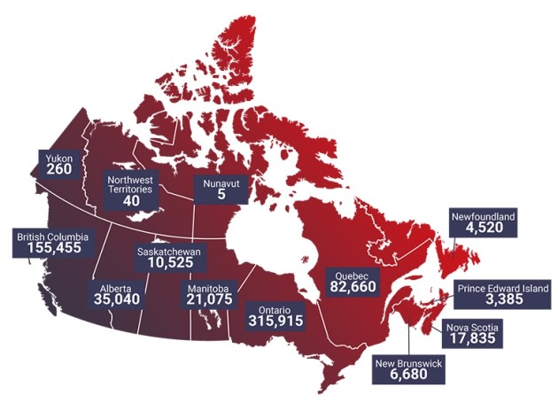 Số lượng du học sinh tương ứng tại từng tỉnh và vùng lãnh thổ của Canada
