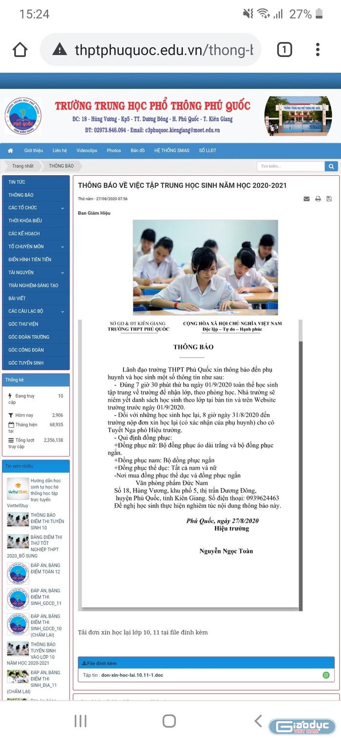 Thông báo trên Cổng thông tin điện tử của Trường Trung học phổ thông Phú Quốc, Kiên Giang (Ảnh chụp màn hình)