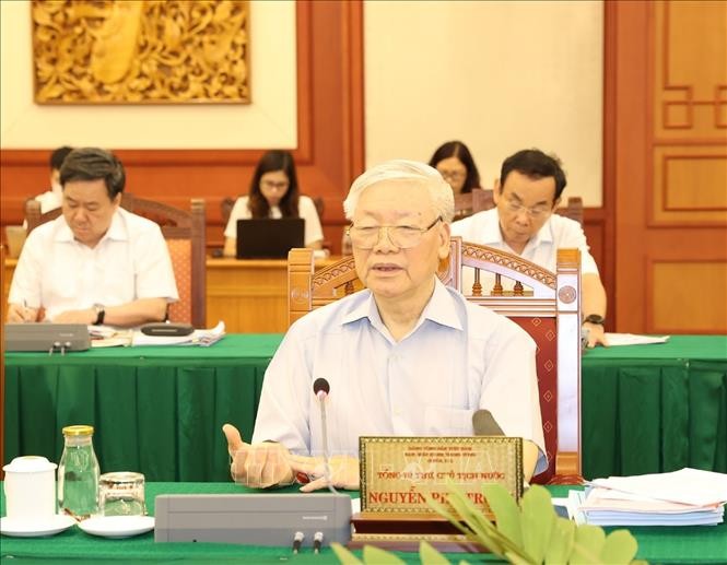 Tổng Bí thư, Chủ tịch nước Nguyễn Phú Trọng phát biểu tại cuộc làm việc. (Ảnh: TTXVN)