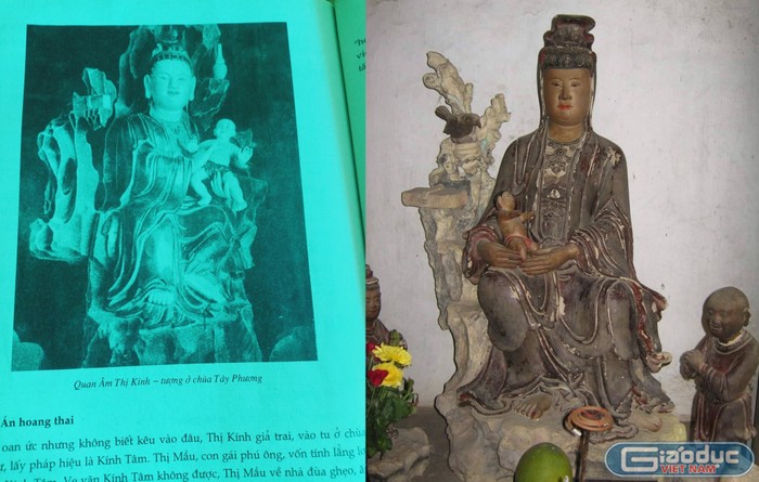Hình ảnh tượng Quan Âm Thị Kính trong sách Ngữ văn 7, tập hai (bên trái) và ảnh tượng Quan Âm Thị Kính do tác giả chụp tại chùa Tây Phương.
