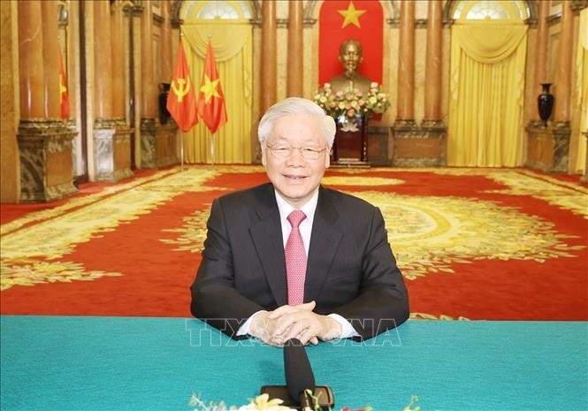 Tổng Bí thư, Chủ tịch nước Nguyễn Phú Trọng gửi thông điệp tới Phiên thảo luận chung cấp cao Khóa 75 Đại hội đồng Liiên hợp quốc. Ảnh: Trí Dũng/TTXVN