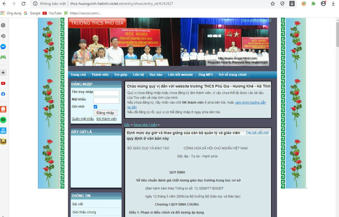 Ảnh chụp màn hình Website của một trường học đang áp dụng Thông tư 12/2009/TT-BGDĐT quy định số tiết dự giờ cho giáo viên