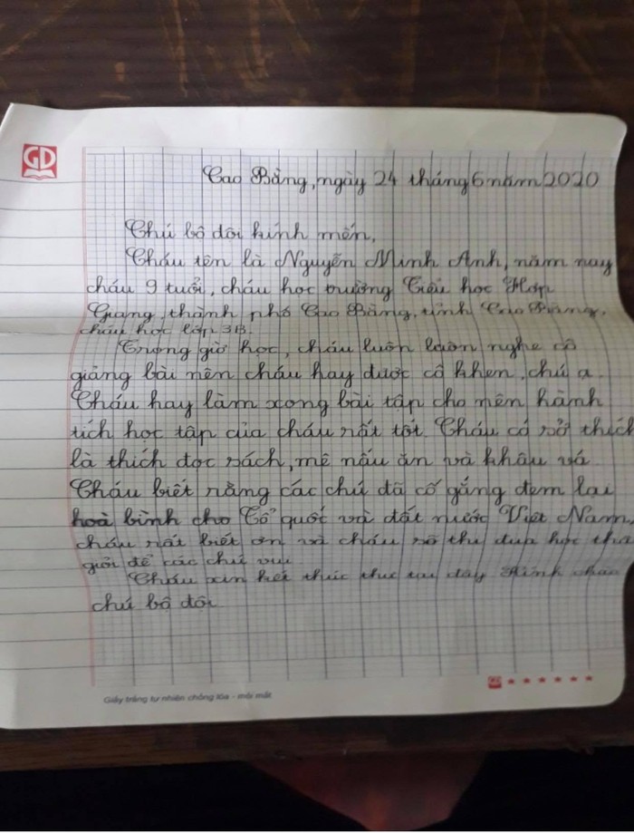 Bức thư Minh Anh gửi qua chương trình “Chiếu trúc biên cương gửi yêu thương tới hải đảo”. (Ảnh: C.K.A)
