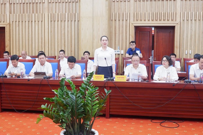 Bà Đỗ Nguyệt Ánh – Thành viên Hội đồng Thành viên, Tổng Giám đốc Tổng công ty Điện lực miền Bắc phát biểu ý kiến tại buổi làm việc.
