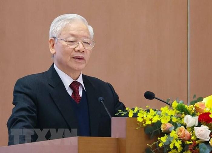 Tổng Bí thư, Chủ tịch nước Nguyễn Phú Trọng phát biểu tại hội nghị trực tuyến. Ảnh: Thống Nhất/TTXVN.