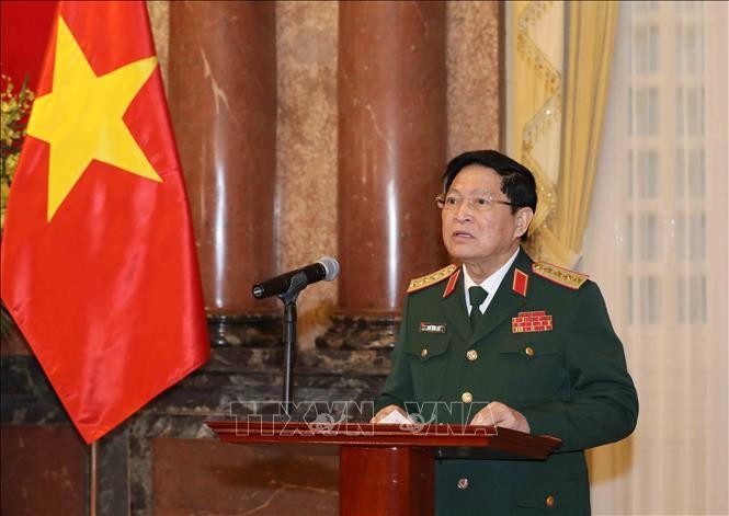 Đại tướng Ngô Xuân Lịch, Uỷ viên Bộ Chính trị, Bộ trưởng Bộ Quốc phòng phát biểu tại buổi lễ. (Ảnh: TTXVN)