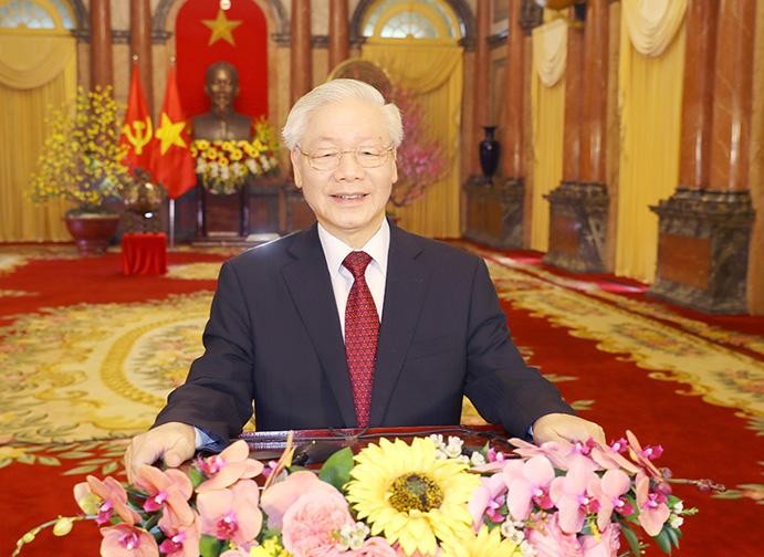 Tổng Bí thư, Chủ tịch nước Nguyễn Phú Trọng gửi lời chúc Tết tới đồng bào, đồng chí và chiến sĩ cả nước. Ảnh: Trí Dũng/TTXVN