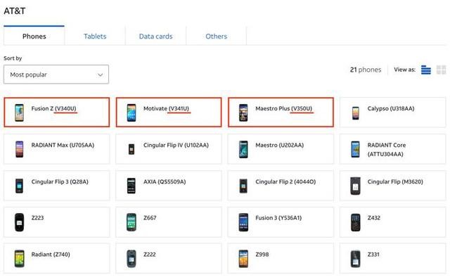 Danh sách các mẫu điện thoại mang thương hiệu AT&amp;T cùng mã sản phẩm đang được phân đối trên trang chủ của hãng.