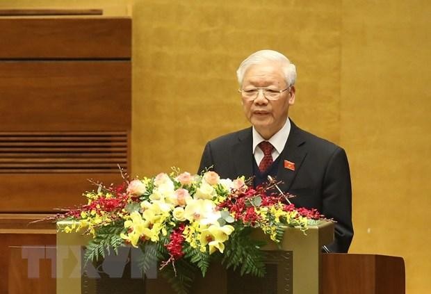 Tổng Bí thư, Chủ tịch nước Nguyễn Phú Trọng trình bày Báo cáo tổng kết công tác nhiệm kỳ 2016-2021 của Chủ tịch nước. (Ảnh: Dương Giang/TTXVN)