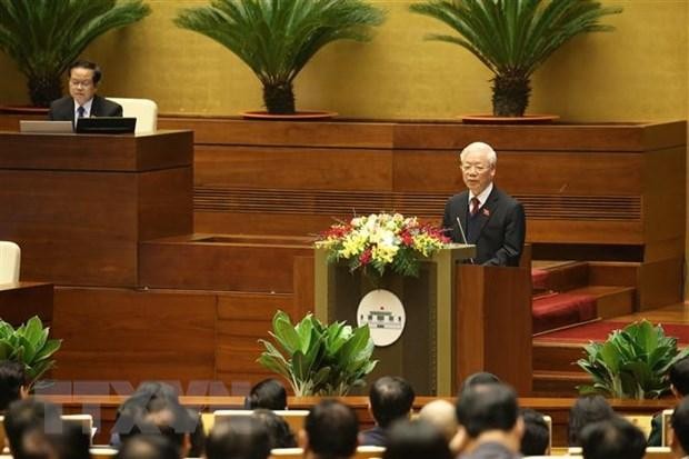 Tổng Bí thư, Chủ tịch nước Nguyễn Phú Trọng trình bày Báo cáo tổng kết công tác nhiệm kỳ 2016-2021 của Chủ tịch nước. (Ảnh: Dương Giang/TTXVN)