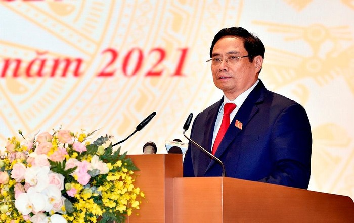 Thủ tướng Chính phủ Phạm Minh Chính phát biểu tại lễ bàn giao công việc. Ảnh: VGP/Nhật Bắc