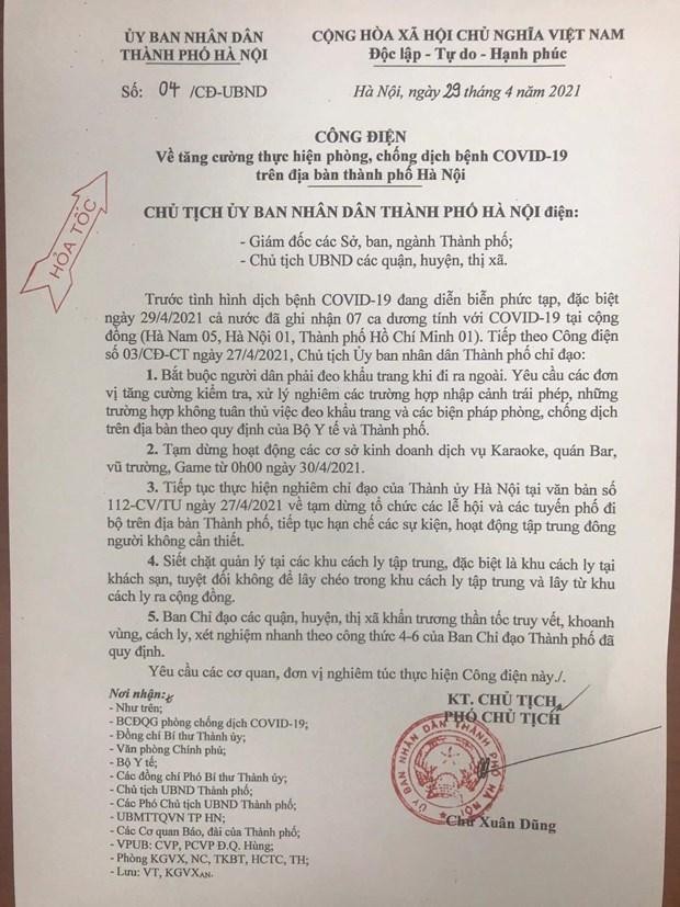 Công điện số 04/CĐ-UBND của Ủy ban nhân dân Thành phố Hà Nội