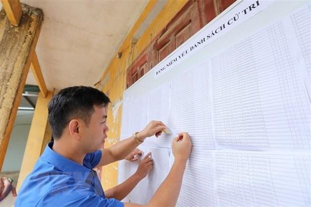 Công tác chuẩn bị danh sách cử tri tại điểm bầu cử đại biểu Quốc hội khóa XV và Hội đồng nhân dân các cấp nhiệm kỳ 2021-2026 tỉnh Cao Bằng ở thị trấn Trà Lĩnh, huyện Trùng Khánh. (Ảnh: Minh Quyết/TTXVN)