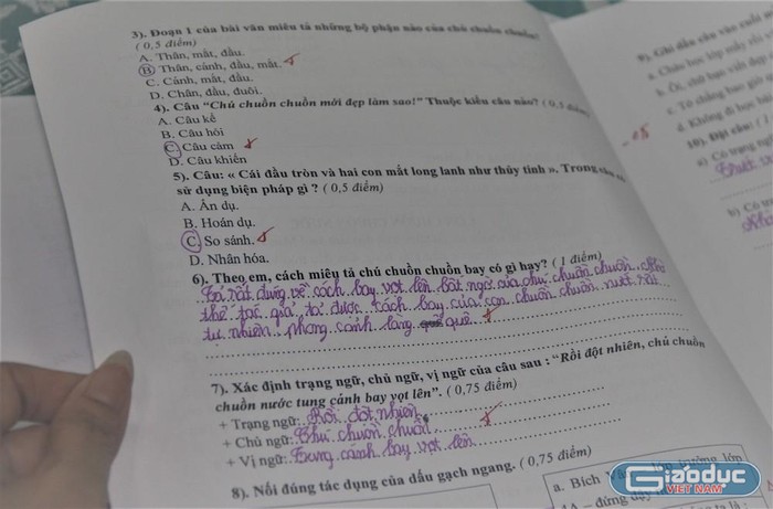 Tất cả các bài thi của học sinh Trường Tiểu học Phú Hòa 3 đều được đánh dấu khóa ngay sau khi thi xong. Ảnh: Hữu Đức