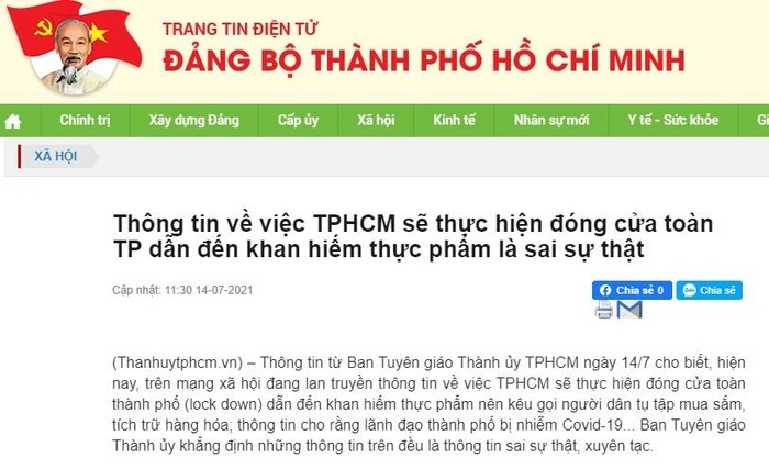 Thông báo trên Trang tin Đảng bộ Thành phố Hồ Chí Minh