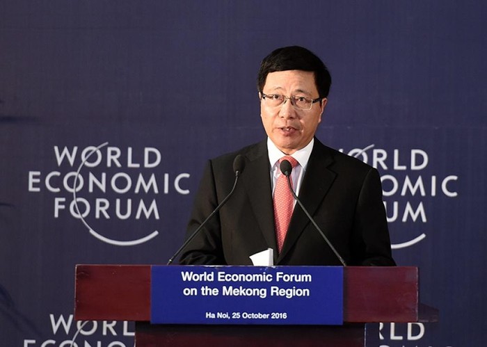 Phó Thủ tướng Phạm Bình Minh phát biểu bế mạc Diễn đàn Kinh tế Thế giới về khu vực Mekong năm 2016. (Ảnh tư liệu: Baochinhphu.vn)