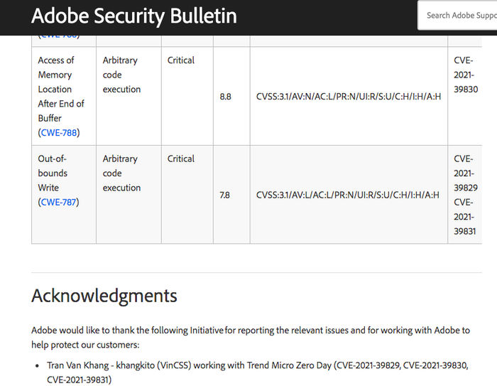 Thông tin từ website Microsoft và Adobe về các lỗ hổng bảo mật do Chuyên gia Trần Văn Khang phát hiện