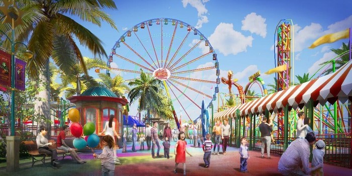 Các trò chơi cảm giác mạnh được triển khai tại đây gồm: Ferris Wheel đưa du khách lên cao ngắm nhìn toàn cảnh vịnh Phan Thiết, hay Family Coaster, Sky Loop, Reverse Time... Công viên đang thi công cổng chào, cơ sở hạ tầng và móng các trò chơi, dự kiến đưa vào vận hành trong quý I/2022. Ảnh phối cảnh.