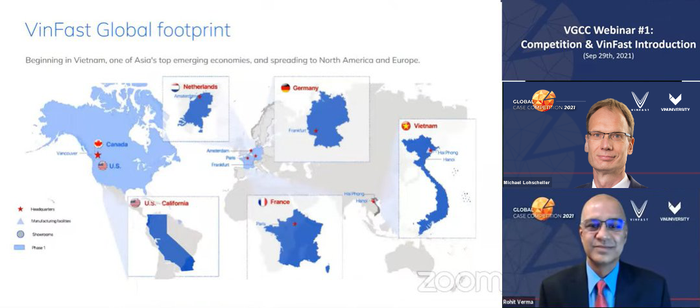 Giáo sư Rohit Verma, Hiệu trưởng Trường Đại học VinUni và ông Michael Lohscheller, CEO VinFast toàn cầu chia sẻ với các bạn sinh viên về chủ đề của mùa giải đầu tiên “VinFast – Go Global” trong buổi Webinar giới thiệu về cuộc thi.