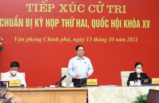 Thủ tướng phát biểu tại buổi tiếp xúc cử tri thành phố Cần Thơ theo hình thức trực tuyến. (Ảnh: Dương Giang/TTXVN)