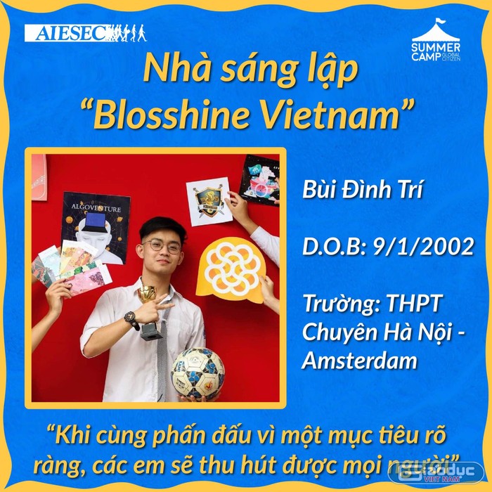 Đình Trí là nhà sáng lập và cố vấn của dự án Blosshine Vietnam - dự án hoạt động hướng tới các vấn đề xã hội liên quan tới trẻ em (Ảnh: NVCC)