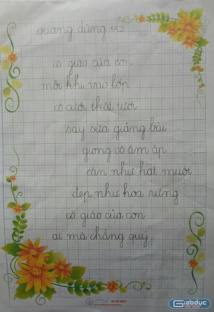 Bài thi &quot;Nét bút tri ân&quot; của một sinh lớp 1 trường Tiểu học Quang Trung. (Ảnh: NTCC)