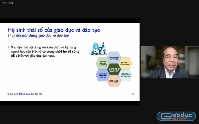 Giáo sư Hồ Tú Bảo - Giám đốc Phòng thí nghiệm Khoa học dữ liệu của Viện nghiên cứu Cao cấp về Toán (VIASM) chia sẻ tại hội thảo. (Ảnh chụp màn hình)