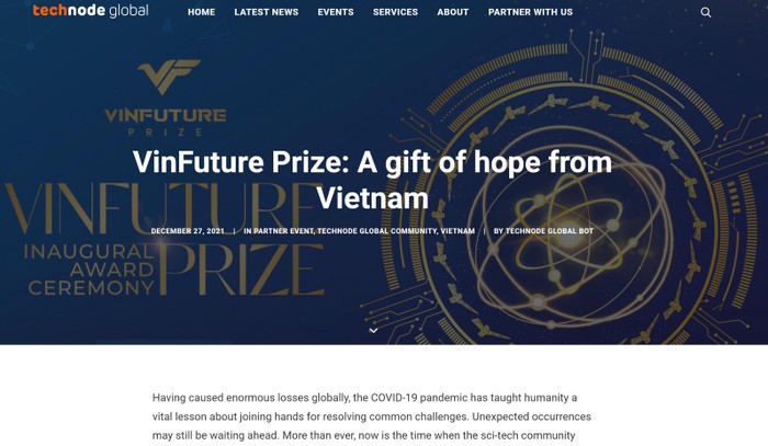 Bài báo về Giải thưởng VinFuture trên tờ báo khoa học công nghệ châu Á TechNode.