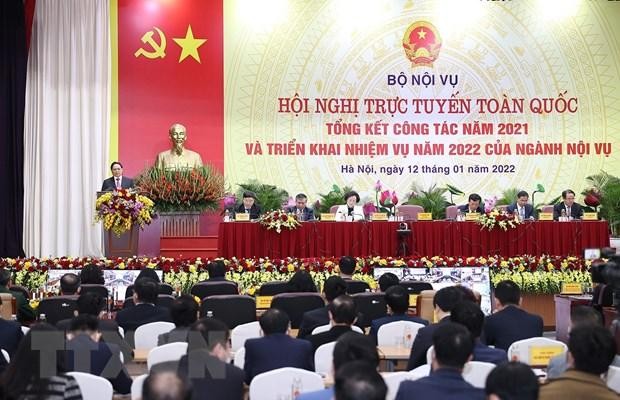 Thủ tướng Phạm Minh Chính phát biểu chỉ đạo Hội nghị tổng kết công tác năm 2021 và triển khai nhiệm vụ năm 2022 của ngành Nội vụ. (Ảnh: Dương Giang/TTXVN)