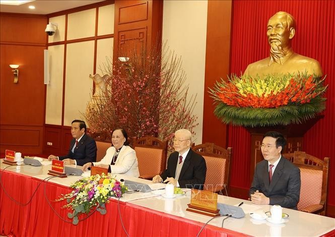 Tổng Bí thư Nguyễn Phú Trọng chúc mừng, biểu dương, cảm ơn và đánh giá cao sự cố gắng, nỗ lực và các kết quả mà Hội Người cao tuổi Việt Nam đạt được trong 5 năm qua. Ảnh: TTXVN
