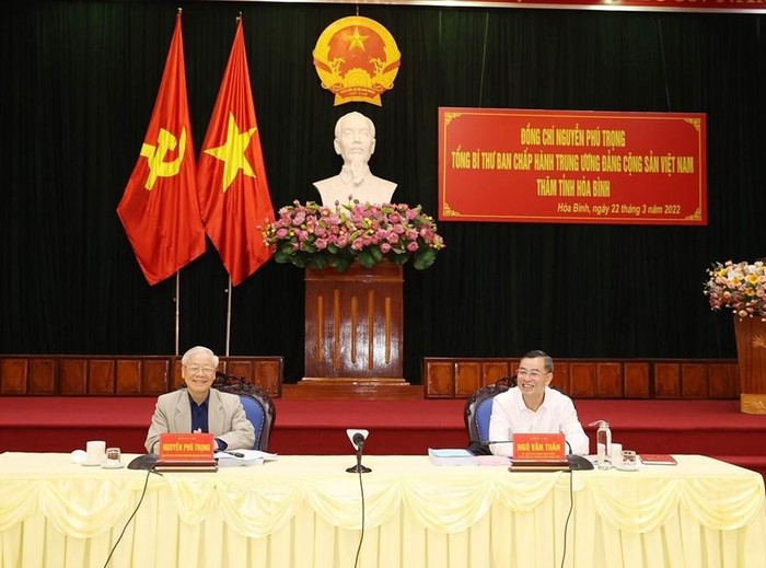 Tổng Bí thư Nguyễn Phú Trọng tại buổi làm việc với lãnh đạo tỉnh Hòa Bình. (Ảnh: Trí Dũng/TTXVN)