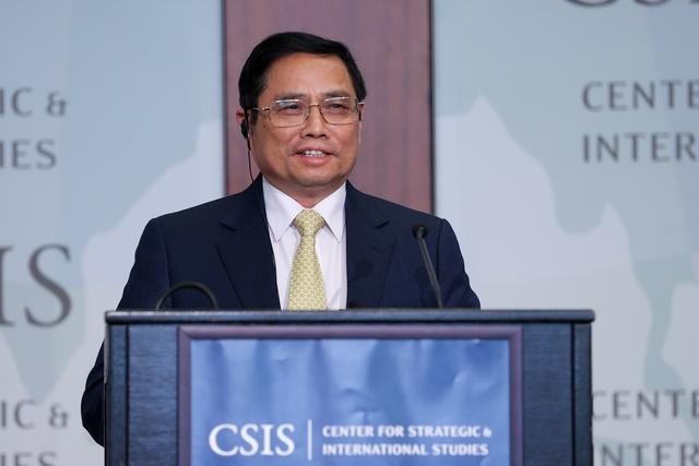 Thủ tướng Phạm Minh Chính phát biểu tại Trung tâm nghiên cứu Chiến lược và Quốc tế Hoa Kỳ (CSIS) - Ảnh: VGP/Nhật Bắc