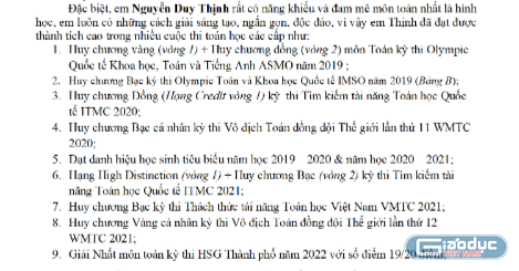 Bức thư giới thiệu với bảng thành tích ấn tượng của em Nguyễn Duy Thịnh. (Ảnh: Nhân vật cung cấp)