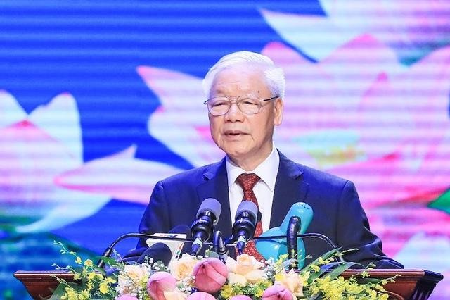 Tổng Bí thư Nguyễn Phú Trọng đọc diễn văn tại lễ kỷ niệm - Ảnh: VGP/Nhật Bắc
