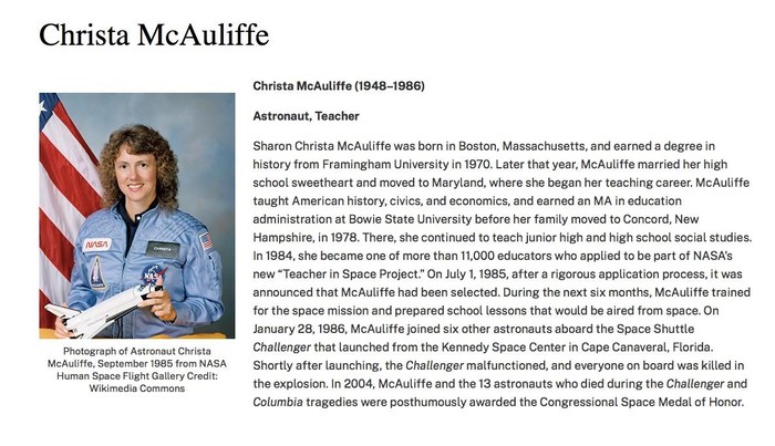 Cô giáo môn lịch sử Christa McAuliffe - nhà giáo đầu tiên bay vào vũ trụ (Ảnh chụp màn hình trang web Bộ Nội vụ Hoa Kỳ - U.S. Department of the Interior). [3]