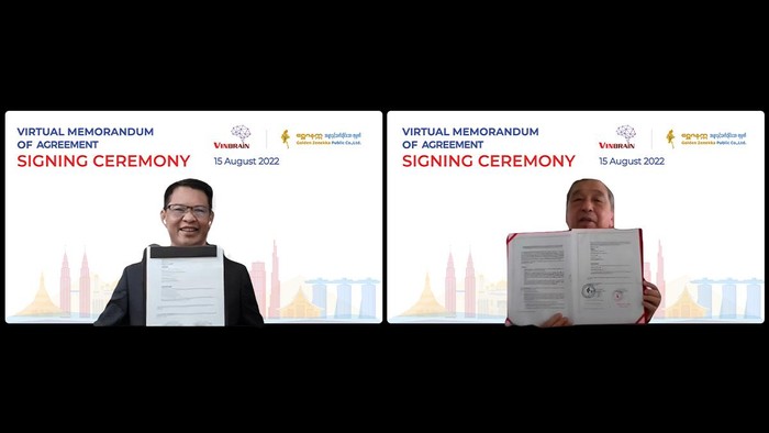 Ông Trương Quốc Hùng, Tổng Giám đốc VinBrain (Vingroup, Việt Nam) và Giáo sư Thein Aung, Phó Chủ tịch Golden Zanekka Public (Myanmar) thực hiện ký kết thoả thuận theo hình thức trực tuyến.