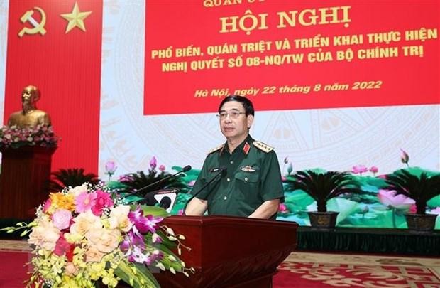 Đại tướng Phan Văn Giang, Bộ trưởng Bộ Quốc phòng phát biểu tại hội nghị. (Ảnh: Dương Giang/TTXVN)