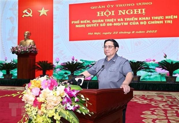 Thủ tướng Phạm Minh Chính phát biểu chỉ đạo Hội nghị quán triệt và triển khai thực hiện Nghị quyết 08-NQ/TW. (Ảnh: Dương Giang/TTXVN