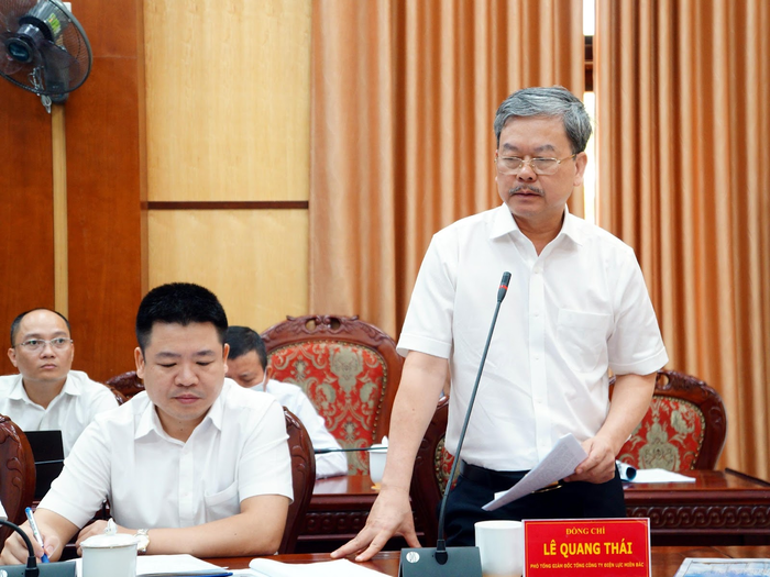 Ông Lê Quang Thái – Phó Tổng Giám đốc Tổng công ty Điện lực miền Bắc phát biểu tại Hội nghị Ban chỉ đạo bảo vệ an toàn hành lang lưới điện cao áp tỉnh Thanh Hóa.