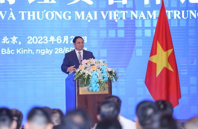 Thủ tướng Chính phủ Phạm Minh Chính phát biểu tại Diễn đàn Hợp tác đầu tư và thương mại Việt Nam - Trung Quốc. Ảnh: VGP/Nhật Bắc