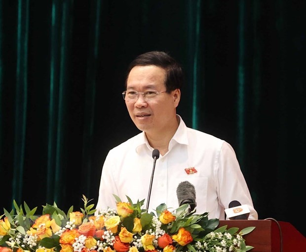 Chủ tịch nước Võ Văn Thưởng phát biểu tại Hội nghị tiếp xúc cử tri Thành phố Đà Nẵng. (Ảnh: Thống Nhất/TTXVN)
