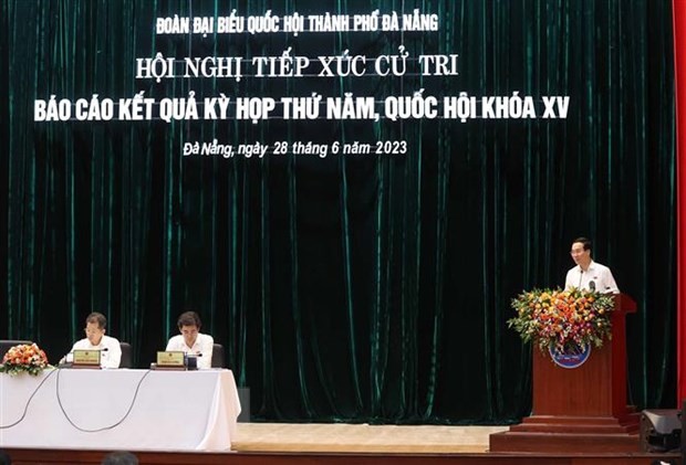 Chủ tịch nước Võ Văn Thưởng phát biểu tại Hội nghị tiếp xúc cử tri Thành phố Đà Nẵng. (Ảnh: Thống Nhất/TTXVN)