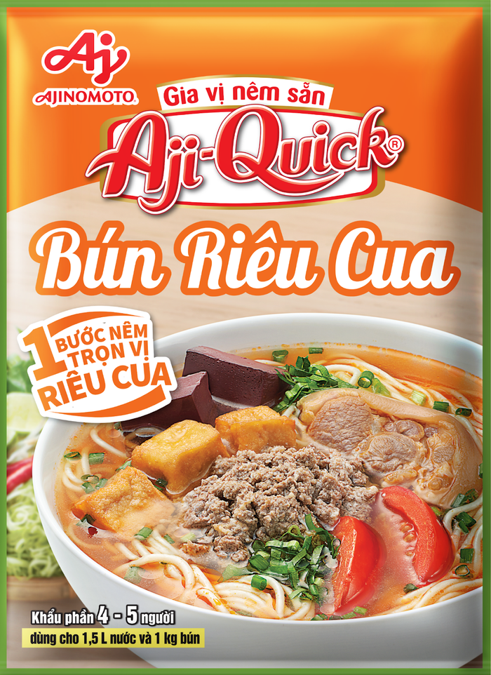 Bao bì sản phẩm Gia vị nêm sẵn Aji-Quick® Bún Riêu Cua của Ajinomoto Việt Nam.