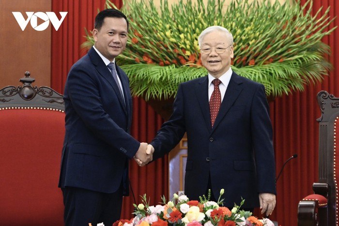 Tổng Bí thư Nguyễn Phú Trọng tiếp Thủ tướng Campuchia Hun Manet.