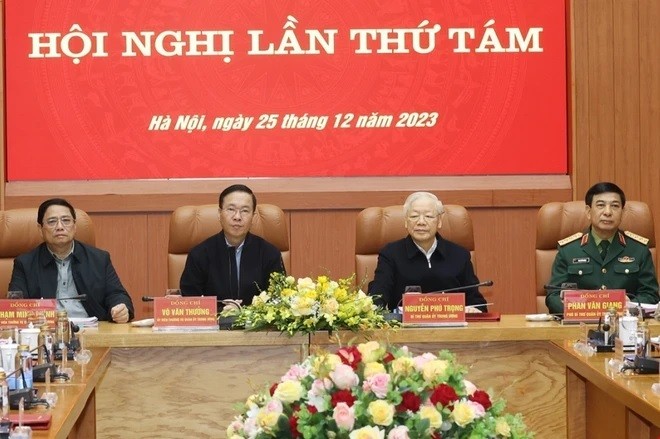 Tổng Bí thư Nguyễn Phú Trọng cùng các lãnh đạo Đảng, Nhà nước, Quân ủy Trung ương chủ trì hội nghị. (Ảnh: Trí Dũng/ TTXVN)
